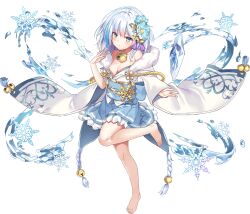 1girl artist_request awakening_(sennen_sensou_aigis) bad_source bare_shoulders barefoot bell blue_eyes blue_hair breasts cleavage flower full_body fur_trim game_cg hair_bell hair_flower hair_ornament icicle jingle_bell light_blush official_art sennen_sensou_aigis short_hair snowflakes solo standing standing_on_one_leg third-party_source transparent_background yukihime_(sennen_sensou_aigis)