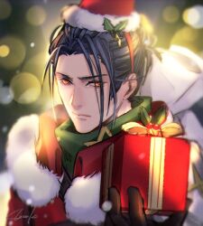 1boy blue_hair blurry blurry_background bow box brown_gloves closed_mouth commentary_request felix_hugo_fraldarius felix_hugo_fraldarius_(winter) fire_emblem fire_emblem:_three_houses fire_emblem_heroes fur-trimmed_jacket fur_trim gift gift_box gloves green_scarf hair_ornament hat holding holding_gift holly_hair_ornament jacket kuroba.k light_particles male_focus nintendo official_alternate_costume orange_eyes red_jacket sack sack_behind_back santa_costume santa_hat scarf short_hair sideburns signature solo upper_body white_fur