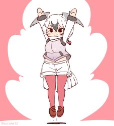 Rule 34 | 1girl, arms up, bird girl, bird tail, bird wings, coroha, feathered wings, full body, grey hair, head wings, jacket, jumping, kemono friends, kemono friends 3, looking at viewer, pantyhose, pink background, ross&#039;s gull (kemono friends), shoes, short hair, shorts, simple background, solo, tail, wings