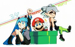 1boy 2girls armpits bare_shoulders black_footwear blue_eyes blue_hair blue_necktie boots brown_hair commentary crossover dated detached_sleeves dress facial_hair gloves green_leggings grey_hair hat hatsune_miku highres inktaru leggings long_hair marie_(splatoon) marie_(squid_sisters_outfit)_(splatoon) mario mario_(series) mario_day miku_day miniskirt mole mole_under_eye multiple_crossover multiple_girls mustache necktie nintendo one_eye_closed orange_eyes raised_fist shirt short_dress sitting skirt sleeveless sleeveless_shirt splatoon_(series) splatoon_1 strapless strapless_dress tentacle_hair twintails very_long_hair vocaloid warp_pipe white_gloves