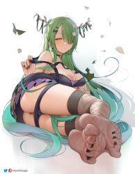 1girl artist_name ass black_choker black_dress black_nails black_panties black_socks breasts ceres_fauna ceres_fauna_(goth) choker commentary dress english_commentary falling_leaves feet fingernails fishnet_socks fishnets foot_focus goth_fashion greatodoggo green_hair hair_branch hair_over_one_eye hair_spread_out heart heart_choker highres hololive hololive_english large_breasts leaf legs looking_at_viewer lying mole mole_under_eye nail_polish nipples on_side one_breast_out panties panty_pull patreon_logo pulling_own_clothes pussy pussy_peek simple_background skindentation socks soles solo strap_pull thighs toe_scrunch toenail_polish toenails toes twitter_logo underwear virtual_youtuber white_background yellow_eyes