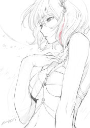 Rule 34 | 1girl, artist name, bare shoulders, bikini, breasts, collarbone, dated, dead or alive, dead or alive xtreme, dead or alive xtreme venus vacation, greyscale, hair between eyes, hair ornament, hand on own chest, hiragoma, medium breasts, medium hair, monochrome, navel, red streaks, simple background, sketch, solo, swimsuit, tamaki (doa), white background, wind