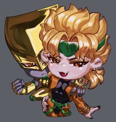 Rule 34 | belt, black leotard, blonde hair, bracelet, chibi, chibi only, colored skin, commentary, dio brando, ear birthmark, earrings, english commentary, fang, gold bracelet, green belt, green headband, green suspenders, grey skin, headband, heart ornament, helmet, highres, jacket, jewelry, jojo no kimyou na bouken, karasichekbulk, leotard, looking at viewer, male focus, orange eyes, orange jacket, orange pants, pants, smile, stand (jojo), stardust crusaders, the world, vampire, yellow helmet