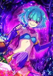 1girl bandeau bare_shoulders basket black_(artist) blue_bandeau blunt_bangs breasts breasts_apart center-flap_bangs dutch_angle earrings elbow_gloves fate/grand_order fate_(series) feet_out_of_frame fingerless_gloves game_cg gloves green_hair grin hair_over_eyes hands_up holding holding_mushroom jewelry light_particles locusta_(fate) locusta_(final_ascension)_(fate) looking_down multicolored_hair mushroom navel official_art outdoors panties pink_scarf pink_skirt pointy_ears purple_background purple_eyes purple_gloves purple_hair purple_panties purple_thighhighs revealing_clothes scarf sharp_teeth short_hair sidelocks sitting skirt small_breasts smile solo stomach strapless teeth thighhighs third-party_source two-tone_hair underwear variant_set