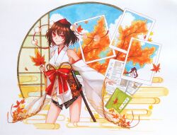 Rule 34 | 1girl, absurdres, autumn leaves, bare shoulders, breasts, brown hair, bunbunmaru, character name, chinese commentary, closed mouth, commentary request, cropped legs, detached sleeves, egasumi, hair between eyes, hat, hauchiwa, highres, himekaidou hatate, holding, japanese clothes, katana, kimono, kourindou tengu costume, leaf, long sleeves, looking at viewer, medium breasts, mizuhashisuika, photo (object), pom pom (clothes), print kimono, print sleeves, red eyes, seigaiha, shameimaru aya, sheath, sheathed, short hair, sleeveless, sleeveless kimono, smile, solo, standing, sword, tokin hat, touhou, translated, weapon, white kimono, white sleeves, wide sleeves