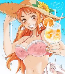 Rule 34 | 1girl, bare arms, bare shoulders, bikini, birthday, blue sky, blush, breasts, brown eyes, character name, collarbone, commentary, cup, dated, drink, drinking straw, earrings, flower, food, frilled bikini, frills, fruit, grin, hand on headwear, happy birthday, hat, hat flower, highres, holding, holding cup, holding drink, jewelry, large breasts, long hair, looking at viewer, mandarin orange, matsuda (louol), nail polish, nami (one piece), navel, one piece, orange (fruit), orange hair, orange slice, pearl earrings, pink bikini, sky, smile, solo, sparkle, stomach, straw hat, sunflower, swimsuit, upper body, wavy hair