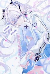 1girl bandaged_neck bandages barefoot black_ribbon blue_eyes blue_pants blush closed_mouth commentary grey_hair hair_ornament hair_ribbon highres jacket long_hair long_sleeves looking_at_viewer original pants ribbon shia_job sitting sleeves_past_wrists solo symbol-only_commentary twintails white_jacket x_hair_ornament