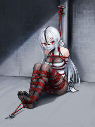 1girl absurdres anal anal_object_insertion arms_behind_back ball_gag bare_shoulders bdsm black_pantyhose bondage bound bound_arms bound_calves bound_feet bound_legs bound_thighs breast_bondage breasts china_dress chinese_clothes cloth_gag commentary_request crotch_rope dildo dildo_harness double_penetration dress drooling elbow_gloves female_focus forced_orgasm gag gag_harness gag_under_mask gagged gloves grey_hair hair_ornament highres improvised_gag indoors kumachi_(aikawaakeya) large_variant_set long_hair looking_at_viewer mask medium_breasts no_shoes object_insertion original over_the_nose_gag pantyhose red_eyes restrained saliva saliva_trail sex_toy shibari shibari_over_clothes sitting skindentation soles solo tape taped_hands turtleneck turtleneck_dress vaginal vaginal_object_insertion variant_set very_long_hair vibrator vibrator_under_clothes