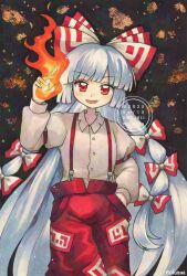 Rule 34 | 1girl, artist name, bow, commentary, dated, fire, fujiwara no mokou, grey hair, grey shirt, hair bow, hand in pocket, hashtag-only commentary, highres, long hair, long sleeves, looking at viewer, maa (forsythia1729), multiple hair bows, ofuda, ofuda on clothes, open mouth, pants, pyrokinesis, red eyes, red pants, shirt, smile, solo, suspenders, touhou, traditional media, twitter username, very long hair, watermark