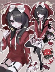1girl ame-chan_(needy_girl_overdose) ame-chan_(needy_girl_overdose_exhibition)_(needy_girl_overdose) animal_ear_hood bag black_bag black_choker black_eyes black_hair black_nails black_thighhighs bow candy character_doll choker drawstring fake_animal_ears fingernails food hair_bow hair_ornament hair_over_one_eye heart heart_choker highres holding holding_candy holding_food holding_lollipop hood hood_up hoodie lollipop nail_polish needy_girl_overdose official_alternate_costume one_eye_covered pien_cat_(needy_girl_overdose) red_hoodie shoulder_bag thigh_strap thighhighs tongue tongue_out ttede_(0984mony) x_hair_ornament yellow_bow