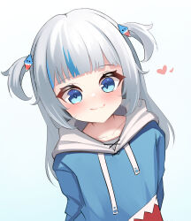 1girl :3 absurdres biyo_yoo blue_eyes blue_hair blue_hoodie closed_mouth collarbone gawr_gura gawr_gura_(1st_costume) hair_ornament heart highres hololive hololive_english hood hood_down hoodie long_hair multicolored_hair shark_hair_ornament solo streaked_hair two_side_up virtual_youtuber white_hair