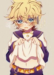 1boy belt black_pants black_sailor_collar black_sleeves blonde_hair blue_eyes blush clothes_lift commentary_request hair_between_eyes headset highres kagamine_len long_sleeves looking_at_viewer male_focus mattari_haruto messy_hair midriff navel pants sailor_collar shirt shirt_lift simple_background solo vocaloid white_shirt white_sleeves yellow_belt yellow_sleeve_cuffs