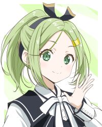1girl 22/7 black_dress border bow bow_hairband closed_mouth dress green_background green_eyes green_hair hair_bow hair_ornament hairband hairclip half_updo high_ponytail highres keisanchuu_new_costume kiryu_touko long_sleeves looking_at_viewer matsubokkurin227 neck_ribbon outside_border parted_bangs pinafore_dress ponytail portrait ribbon shirt sleeveless sleeveless_dress smile solo two-tone_bow two-tone_hairband white_border white_ribbon white_shirt
