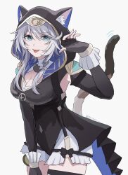 1girl 961_kuru animal_ears animal_hood black_gloves black_leotard blue_eyes breasts cat_ears cat_girl cat_hood cat_tail cipher_(honkai:_star_rail) cleavage cowboy_shot elbow_gloves fingerless_gloves gloves grey_hair highres honkai:_star_rail honkai_(series) hood hooded_leotard large_breasts leotard looking_at_viewer short_hair_with_long_locks shorts simple_background solo tail tongue white_background white_shorts