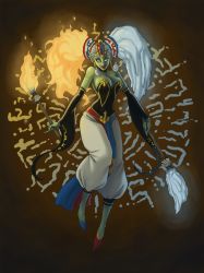 1girl baggy_pants bare_shoulders breasts broom colored_skin detached_sleeves female_focus full_body green_hair green_skin jay-bo jewelry large_breasts lips nintendo pants pointy_ears shoes smile solo the_legend_of_zelda the_legend_of_zelda:_ocarina_of_time twinrova