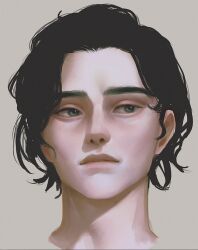 Rule 34 | 1other, 23i2ko, black hair, blue eyes, expressionless, grey background, hair slicked back, head tilt, original, painterly, portrait, short hair, simple background, solo