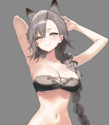 1girl :d animal_ears arknights arms_behind_head arms_up bandeau black_bandeau blush braid breasts brown_eyes cleavage collarbone dr.lamina grey_background grey_hair grin hair_behind_ear hair_between_eyes large_breasts long_hair mole mole_above_eye navel open_mouth penance_(arknights) simple_background smile solo stomach strapless upper_body