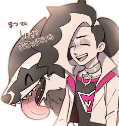 1boy ^_^ black_hair closed_eyes collar commentary_request eyeshadow gen_8_pokemon grey_collar grey_eyeshadow happy_birthday highres jacket makeup male_focus multicolored_hair nintendo obstagoon open_mouth piers_(pokemon) pokemon pokemon_(creature) pokemon_swsh smile suma3695 tongue tongue_out two-tone_hair white_hair white_jacket