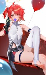 1girl ahoge arknights balloon black_shorts breasts chewing_gum commentary_request couch dress earrings exusiai_(arknights) exusiai_the_new_covenant_(arknights) facial_mark firing gun halo holding holding_gun holding_weapon jewelry no_shoes on_couch red_hair short_hair short_shorts shorts side_ponytail small_breasts soles solo star_(symbol) star_facial_mark thigh_strap thighhighs toes weapon white_dress white_thighhighs yellow_eyes yueyueyue_yao