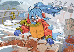 1girl blue_gloves blue_hair boat box chain check_commentary check_translation commentary_request crab cuffs deadliest_catch fishing ghost_tail gloves hair_between_eyes hair_tubes handcuffs highres hood hooded_jacket jacket kanpa_(campagne_9) long_hair miyadeguchi_mizuchi net ocean on_boat open_mouth orange_jacket outdoors ponytail red_sleeves sharp_teeth sidelocks solo tearing_up teeth touhou translation_request v-shaped_eyebrows water watercraft waves