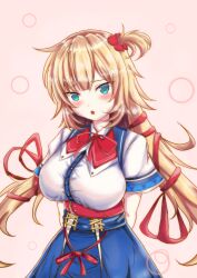 1girl absurdres akai_haato akai_haato_(1st_costume) arms_behind_back blonde_hair blue_eyes blue_skirt hair_ornament hair_ribbon heart heart_hair_ornament high-waist_skirt highres hololive looking_at_viewer low_twintails one_side_up open_mouth pink_background red_ribbon ribbon shinonome_kon_(sino_kon) shirt skirt solo twintails virtual_youtuber white_shirt