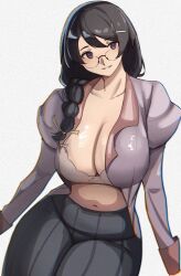 Rule 34 | 1girl, bakemonogatari, black skirt, bra, braid, braided ponytail, breasts, cleavage, code nt, collarbone, glasses, hair ornament, hanekawa tsubasa, highres, kizumonogatari, large breasts, long hair, midriff, monogatari (series), navel, pale skin, school uniform, skirt, smile, underwear, white background