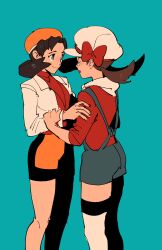 2girls blue_background blue_eyes blue_overalls brown_hair cropped_jacket hand_on_another&#039;s_arm hat highres kendy_(revolocities) kris_(pokemon) lyra_(pokemon) multiple_girls newsboy_cap nintendo overalls pokemon pokemon_gsc pokemon_hgss simple_background tears thighhighs yellow_hat