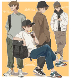 1boy absurdres ace_of_diamond backpack bag baseball_cap black-framed_eyewear black_footwear black_headwear brown_hair brown_shirt cellphone coat crossed_ankles crossed_legs cup dangomochi2 disposable_cup drinking_straw glasses grey_shirt hands_in_pockets hat highres invisible_chair long_sleeves miyuki_kazuya multiple_views phone shirt shoes short_sleeves simple_background sitting smartphone sneakers standing white_coat white_footwear white_shirt yellow_background