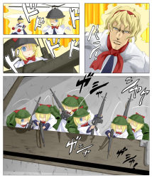 6+girls aircraft alice_margatroid araki_hirohiko_(style) army assault_rifle backpack bad_company_(stand) bag batsu blonde_hair blue_eyes comic doll earrings empty_eyes female_focus gun helicopter helmet jewelry jojo_no_kimyou_na_bouken m16 m16a1 machine_gun multiple_girls nijimura_keicho parody randoseru rifle shanghai_doll soldier stand_(jojo) style_parody touhou weapon