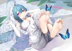 1girl azur_lane barefoot blue_hair blush bug butterfly dress feet helena_(azur_lane) highres insect long_hair lying on_back oshin0_(zheng) purple_eyes soles spread_toes toes wedding_dress