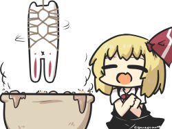 1girl black_skirt black_vest blonde_hair chibi closed_eyes commentary_request cooking cooking_pot fang goma_(gomasamune) hair_ribbon hanging highres necktie open_mouth own_hands_together rabbit red_eyes restrained ribbon rumia shirt short_hair skirt smile steam touhou twitter_username vest white_background white_shirt x_mouth