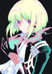 1boy absurdres black_background black_gloves blonde_hair bright_pupils closed_mouth earrings fire gloves highres jewelry lio_fotia long_sleeves male_focus promare purple_eyes pyrokinesis short_hair simple_background solo triangle_earrings upper_body wadante white_pupils