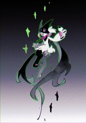 1other :d animal_hands animal_nose black_cape black_fur body_fur cape claws fang flower full_body furry grey_background half-closed_eyes highres lanjiujiu limited_palette looking_at_viewer mask meowscarada nintendo open_mouth other_focus pawpads pink_eyes pink_flower pokemon pokemon_(creature) short_hair short_tail simple_background skin_fang smile solo standing tail two-tone_fur white_fur white_hair