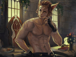 10s 1boy abs animal_ears artist_name black_gloves blue_eyes book brick_wall brown_eyes brown_hair cat_boy cat_ears chair claparo collarbone desk facial_hair final_fantasy final_fantasy_xiv fingerless_gloves flower gloves goatee hand_on_own_hip heterochromia highres inkwell looking_away male_focus miqo&#039;te muscular navel original parted_lips pectorals plant plate quill scar scar_across_eye scar_on_face scroll short_hair solo stomach stubble sunlight toned topless_male vase warrior_of_light_(ff14) watermark web_address window