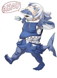 armpits barefoot bite_mark blue_eyes blue_hoodie blue_skin colored_skin cosplay costume dugnul english_text fat feet fins fish_tail full_body gawr_gura gawr_gura_(cosplay) hair_ornament highres holding holding_polearm holding_weapon hololive hololive_english hood hoodie multicolored_hair no_humans open_mouth polearm shark shark_hair_ornament shark_tail sharp_teeth silver_hair simple_background sleeveless sleeveless_hoodie solo speech_bubble streaked_hair tail teeth toes trident virtual_youtuber walking weapon what white_background