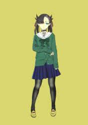 1girl absurdres alternate_costume aqua_eyes asymmetrical_bangs bakenokawa black_choker black_hair blue_skirt buttons cardigan choker closed_mouth commentary_request full_body green_background green_cardigan hair_ribbon highres long_sleeves marnie_(pokemon) nintendo pantyhose pleated_skirt pokemon pokemon_swsh red_ribbon ribbon school_uniform shoes simple_background skirt sleeves_past_wrists solo standing twintails yellow_shoes