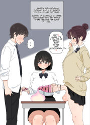 1boy 1futa 1girl 2booo black_hair blush bow bowtie breasts brown_eyes brown_hair censored competition condom cum desk ejaculation english_text erection excessive_cum futanari handjob hard-translated humiliation large_breasts large_penis large_testicles looking_at_penis original pants penis penis_awe penis_size_difference ribbon school_uniform shirt sitting skirt small_penis small_penis_humiliation speech_bubble sweater testicles third-party_edit translated