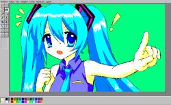 Rule 34 | !, 1girl, aqua hair, aqua necktie, art program in frame, bare shoulders, blue eyes, clenched hand, commentary, english commentary, green background, hair between eyes, hair ornament, hatsune miku, jaggy lines, kigidere, long hair, looking at viewer, microsoft paint (medium), necktie, notice lines, open mouth, pointing, purple shirt, shirt, sleeveless, sleeveless shirt, solo, twintails, upper body, vocaloid
