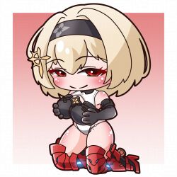 absurdres armored_boots bare_shoulders black_hairband blush boots breasts brown_hair chibi closed_mouth commentary_request elbow_gloves full_body gloves goddess_of_victory:_nikke gradient_background grey_gloves hair_between_eyes hairband half-closed_eyes highres kneeling large_breasts leotard looking_at_viewer pink_background red_eyes red_shoes_(nikke) saishosaisekojo smile solo thigh_boots white_leotard