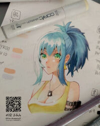 1girl armlet art_tools_in_frame artist_name bare_shoulders blue_eyes blue_hair breasts dog_tags earrings highres jewelry leona_heidern marker marker_(medium) qr_code sakura_mafumi sample_watermark tank_top the_king_of_fighters the_king_of_fighters_xv traditional_media triangle_earrings watermark yellow_tank_top