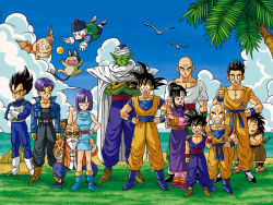 Rule 34 | 2girls, 6+boys, :d, ^ ^, armor, bald, beach, beard, belt, bird, black hair, blue hair, boots, bulma, cape, chaozu, chi-chi (dragon ball), closed eyes, cloud, colored skin, crossed arms, day, dougi, dragon ball, dragon ball (object), dragonball z, everyone, facial hair, flying, gloves, grass, green skin, grin, hand on own hip, hand on shoulder, hime cut, hip focus, jacket, kuririn, martial arts belt, multiple boys, multiple girls, muscular, muscular child, muten roushi, ocean, old, old man, oolong, open mouth, outdoors, palm tree, piccolo, puar, sandals, seagull, shiro mame, shoes, sky, smile, son gohan, son goku, spiked hair, sunglasses, sweatdrop, sword, tail, teeth, tenshinhan, third eye, thumbs up, tree, trunks (dragon ball), trunks (future) (dragon ball), turban, v, vegeta, water, waving, weapon, yajirobe, yamcha
