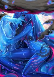 1girl absurdres black_sclera breasts claws colored_sclera duel_monster feet_out_of_frame hair_over_one_eye highres large_breasts leg_tattoo long_hair magnifistorm_vortex_beauty_valrune red_eyes slime_(creature) solo tattoo vulture_(washizu0808) yu-gi-oh!
