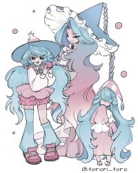 3girls :d absurdly_long_hair absurdres asymmetrical_legwear bloomers blue_hair blue_hat blue_socks blue_thighhighs breasts collared_shirt curtained_hair dress evolutionary_line gen_8_pokemon gradient_hair grin hat hatenna hatterene hattrem highres humanization large_breasts long_hair long_skirt long_sleeves loose_socks loose_thighhigh low_twintails multicolored_hair multiple_girls nintendo open_mouth pink_bloomers pink_dress pink_hair pink_shoes pink_skirt pokemon shirt shoes simple_background skirt sleeves_past_fingers sleeves_past_wrists smile socks teeth thighhighs torori_toro_(oimo_kenpi) twintails twitter_username two-tone_hair underwear uneven_legwear upper_teeth_only very_long_hair white_background white_shirt