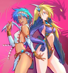 2girls annet_myer aqua_hair bb9_megadrive blade blonde_hair blue_eyes character_request cloak commentary_request dark-skinned_female dark_skin dragon el_viento game_console gloves hand_on_own_hip highres jewelry looking_at_viewer monster multiple_girls open_mouth purple_eyes sega_mega_drive serious smile tribal villain_pose