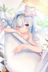 absurdres amane_kanata bathtub blue_hair eme_(emeralda) feathered_wings grey_hair halo highres hololive indoors long_hair multicolored_hair nude pink_halo purple_eyes star_halo two-tone_hair virtual_youtuber white_wings wings