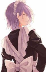 1boy absurdres boku_no_hero_academia bow chikuwa_savy closed_mouth commentary_request frills from_behind highres long_sleeves looking_at_viewer looking_back maid maid_headdress narrowed_eyes purple_hair shishikura_seiji short_hair simple_background small_pupils solo upper_body white_bow