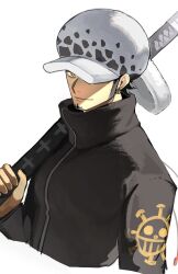 1boy black_jacket closed_mouth cropped_torso earrings facial_hair goatee hat hat_over_one_eye highres holding holding_sword holding_weapon jacket jewelry long_sideburns looking_at_viewer male_focus one_piece short_hair sideburns simple_background solo sword tokoni_fusu trafalgar_law weapon white_background white_hat yellow_eyes