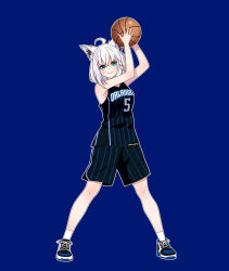 1girl ahoge animal_ears aqua_eyes ball basketball_(object) basketball_jersey basketball_uniform blue_background blue_shoes braid breasts commentary english_commentary fox_ears fox_girl full_body highres holding holding_ball hololive medium_breasts orlando_magic shirakami_fubuki shoes shorts side_braid sneakers snkagawa solo sportswear striped_clothes striped_shorts virtual_youtuber white_hair