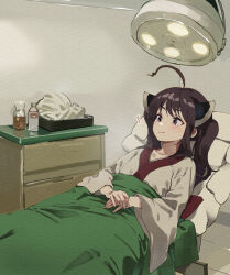 1girl ahoge brown_eyes brown_hair commentary_request head_grab highres indoors japanese_clothes kimono lamb_(hitsujiniku) long_hair long_sleeves own_hands_together solo surgical_light tile_floor tiles touhoku_kiritan trembling twintails voiceroid white_kimono wide_sleeves