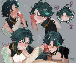 2boys after_fellatio asymmetrical_clothes blush chibi closed_eyes colored_inner_hair cum cum_in_mouth cum_on_body cum_on_hair cum_on_tongue cum_overflow cumdrip curtained_hair detached_sleeves erection eyeliner facial facial_mark fellatio fingernails forehead_mark genshin_impact gloves green_gloves green_hair grey_background highres large_penis licking licking_penis looking_at_viewer lower_body makeup male_focus multicolored_hair multiple_boys oral penis penis_grab red_eyeliner saliva sharp_fingernails short_hair simple_background single_detached_sleeve sleeveless tattoo tears testicles toned toned_male unholy_zig veins veiny_penis xiao_(genshin_impact) yaoi yellow_eyes